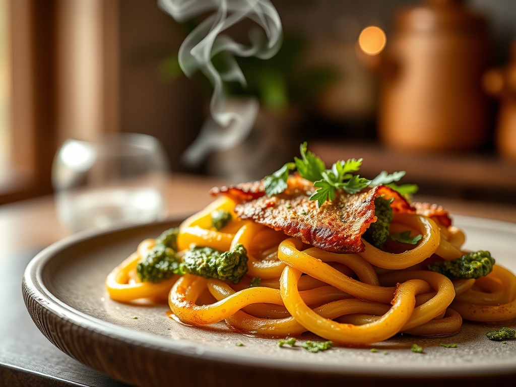 Nudel Monster mit gruenem Pesto